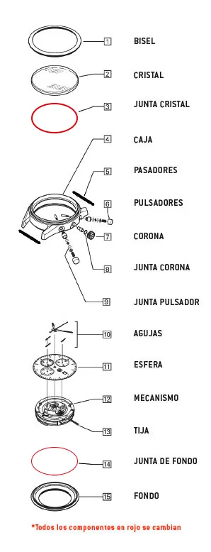 Despiece de un reloj: bisel, cristal, juntas, caja, pasadores, pulsadores, corona, agujas, esfera, mecanismo, tija y fondo. Todos los componentes en rojo se cambian: la junta del cristal y la junta de fondo.
